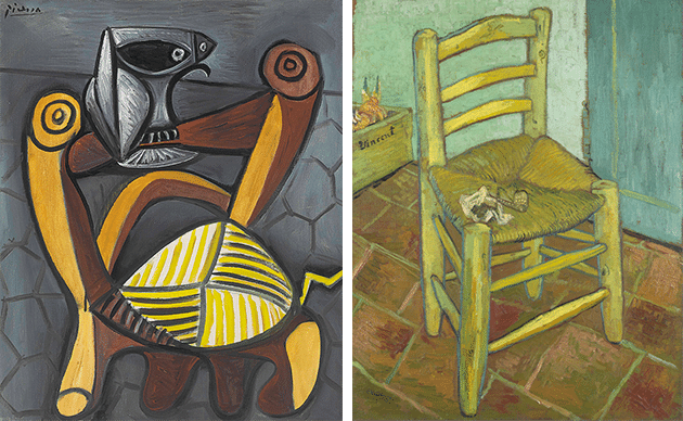 [left] Pablo Picasso, Still Life with Chair Caning, 1912. Musée Picasso, Paris, France. Image: © RMN-Grand Palais / Art Resource, NY, Artwork: © 2022 Estate of Pablo Picasso / Artists Rights Society (ARS), New York [right] Vincent Van Gogh, Van Gogh’s Chair, 1888. National Gallery, London. Image: © National Gallery, London / Art Resource, NY